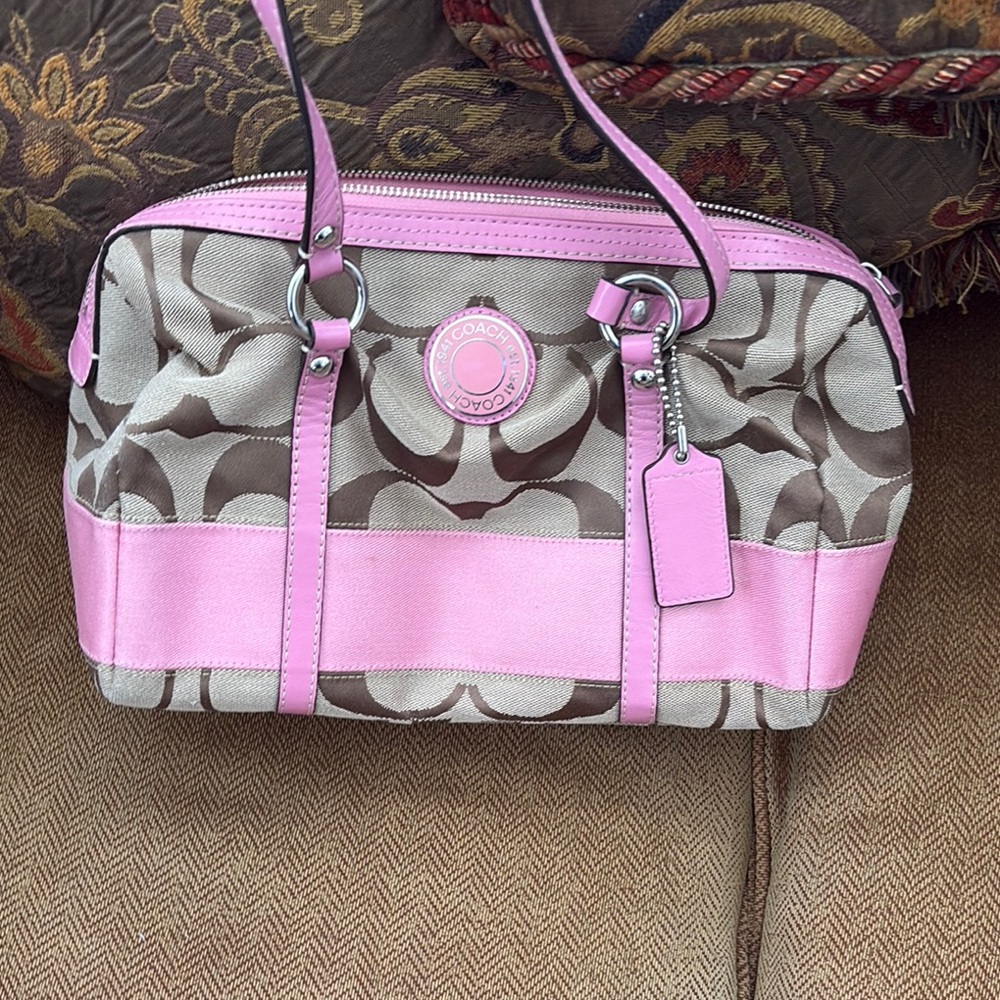 Coach Pink and Brown Satchel with Signature Monogram